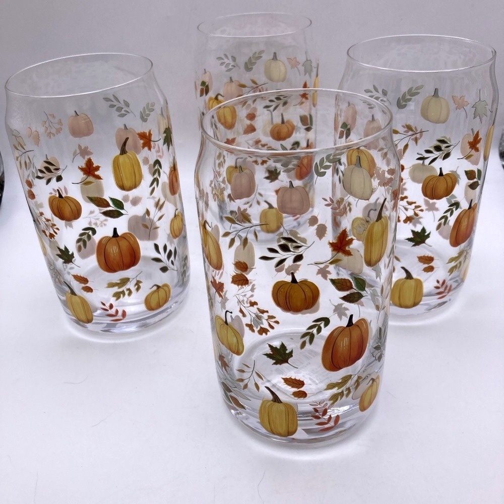 Set Of 4 Lenox New Harvest Can Cooler Glasses Pumpkin Fall Leaves Autumn NWOB